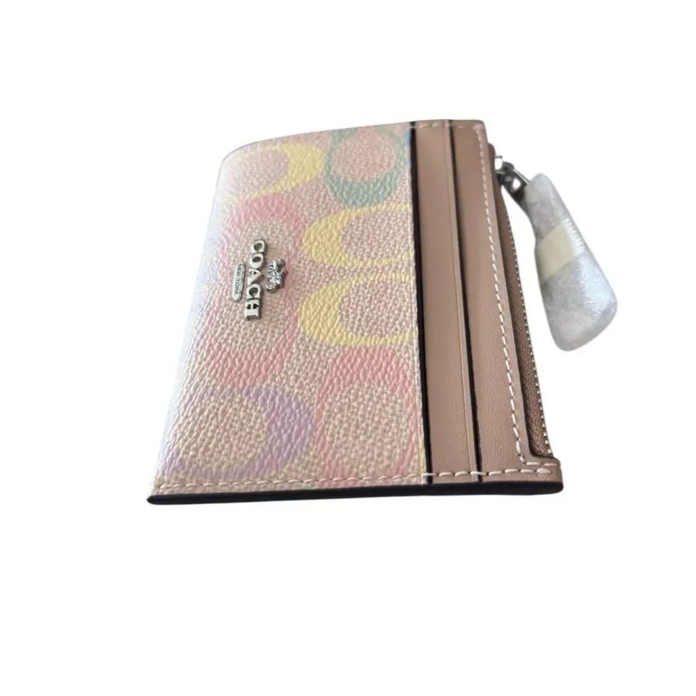 Coach Mini Skinny Id Window Case with key ring In Rainbow Signature Canvas